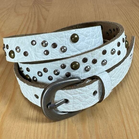 VTG Y2K Ed Hardy Womens Belt White Leather Studded Thin Handmade Grunge Large - Picture 1 of 7